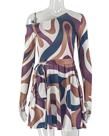 0Women Clothing Printed Elegant Light A line Dress Raglan Long Sleeve Tube Top off Neck Short Dress