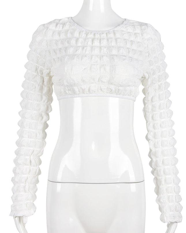 Hollow Out Cutout Bubble Cropped Long Sleeve off-Shoulder Top Sexy T shirt