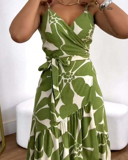 Elegance Women's Cross Collar Belt Floral Print Dress