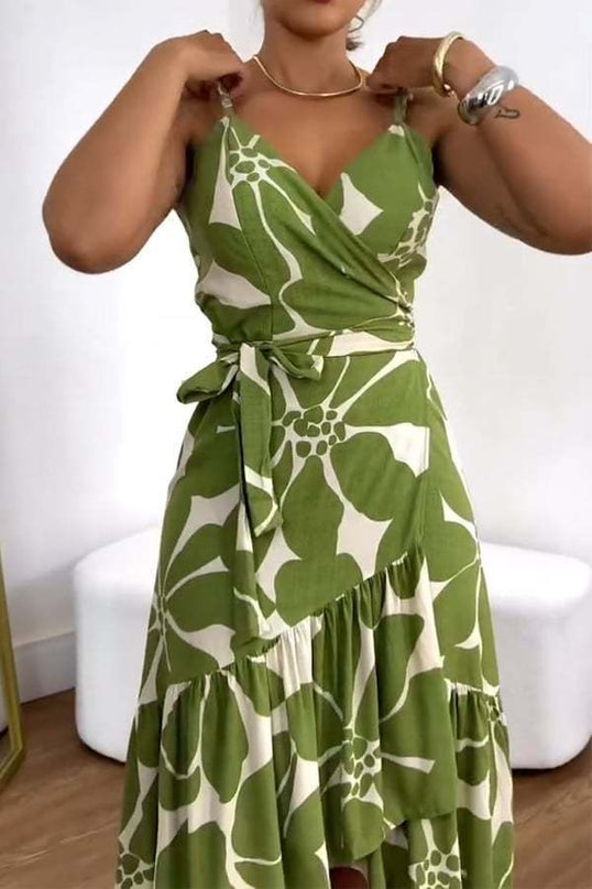 Elegance Women's Cross Collar Belt Floral Print Dress