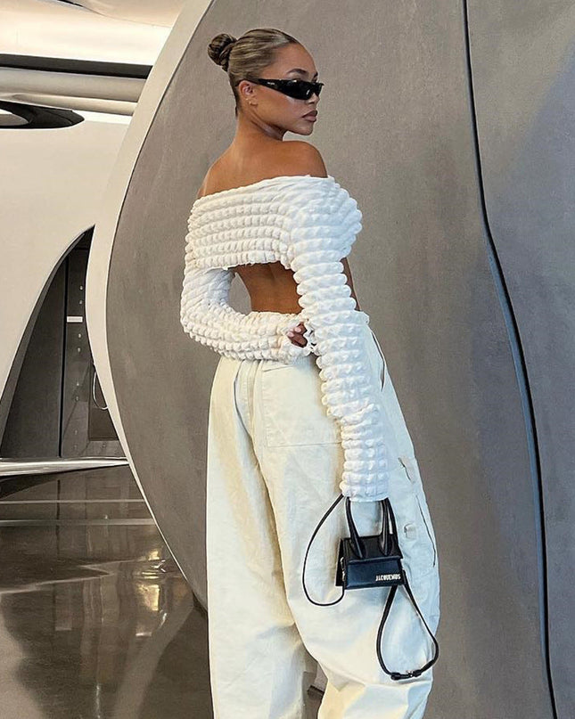 Hollow Out Cutout Bubble Cropped Long Sleeve off-Shoulder Top Sexy T shirt