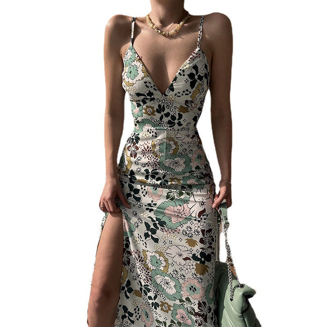 Women's Printed Backless Slit Sling Dress FitiqueFit
