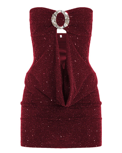 Women Clothing Thin Glittering round Buckle Bow Swing Collar Hollow Out Cutout out Tube Top Dress Party Sexy Hip Dress