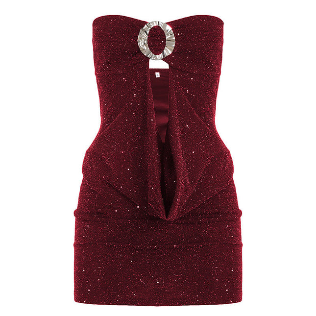 Women Clothing Thin Glittering round Buckle Bow Swing Collar Hollow Out Cutout out Tube Top Dress Party Sexy Hip Dress