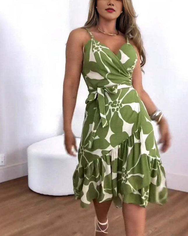 Elegance Women's Cross Collar Belt Floral Print Dress