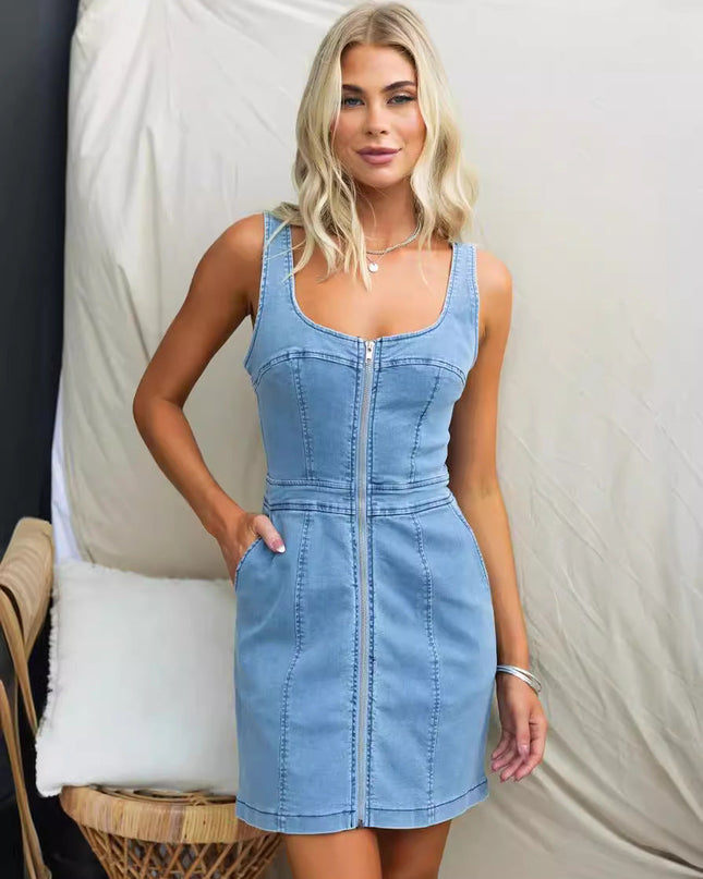 Spring Summer Casual Slim Denim Sleeveless Dress Women Clothing