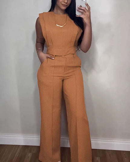 Summer Sleeveless Suit Fashion Round Neck Vest Top And Pocket Straight Pants Casual Trousers Set For Women Clothing
