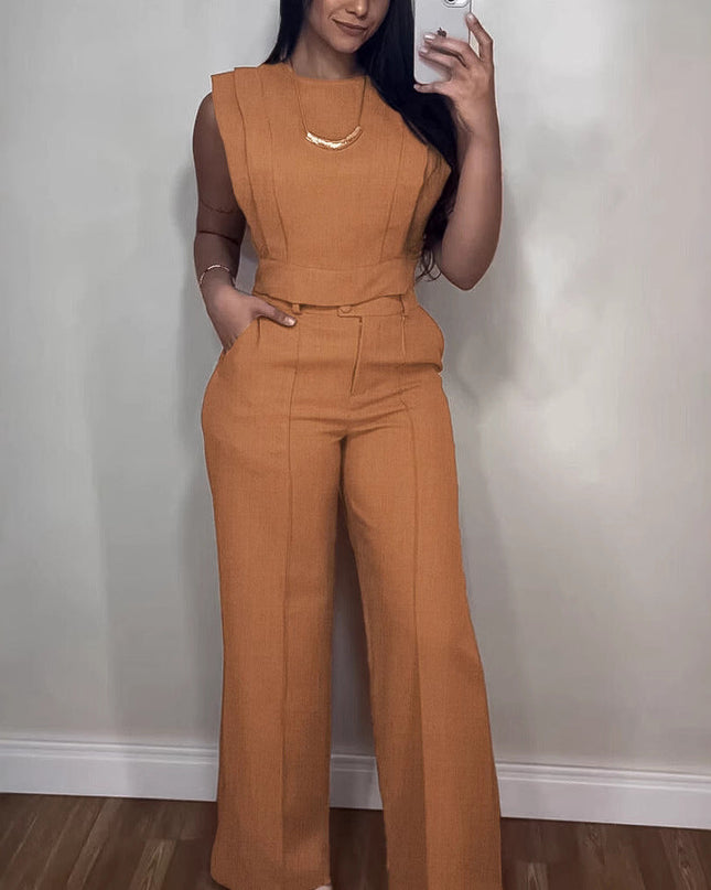 Summer Sleeveless Suit Fashion Round Neck Vest Top And Pocket Straight Pants Casual Trousers Set For Women Clothing