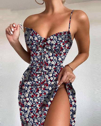 European And American Amazon New Women's Fashion Printed Self-tie Slit Sling Dress