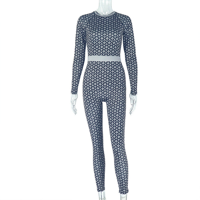 Casual Home Women Slim Fit Elastic Waist Tightening Jumpsuit Print round Neck Long Sleeve Jumpsuit