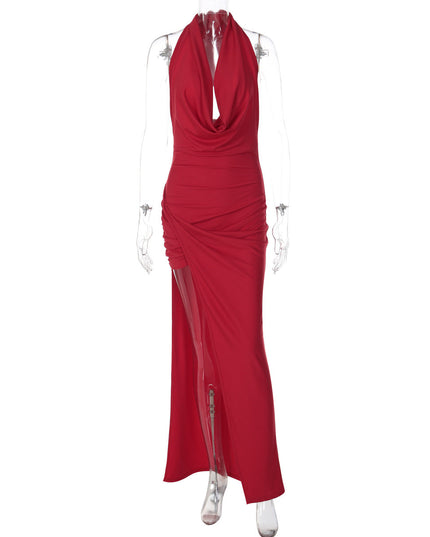 Winter Women Clothing Sexy Deep V Plunge neck Solid Color Split Halter Backless Dress for Women