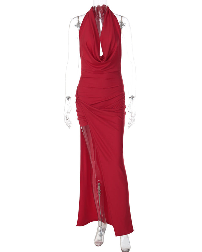 Winter Women Clothing Sexy Deep V Plunge neck Solid Color Split Halter Backless Dress for Women
