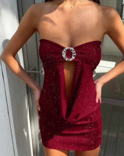 Women Clothing Thin Glittering round Buckle Bow Swing Collar Hollow Out Cutout out Tube Top Dress Party Sexy Hip Dress