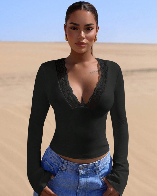 V neck Stitching Lace Sexy Long Sleeve Slim Fit Top