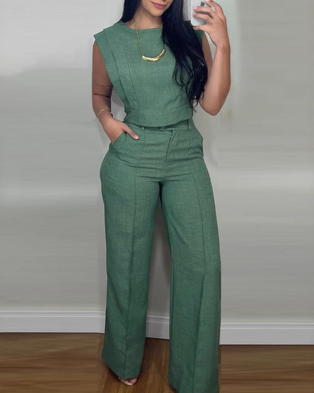 Summer Sleeveless Suit Fashion Round Neck Vest Top And Pocket Straight Pants Casual Trousers Set For Women Clothing