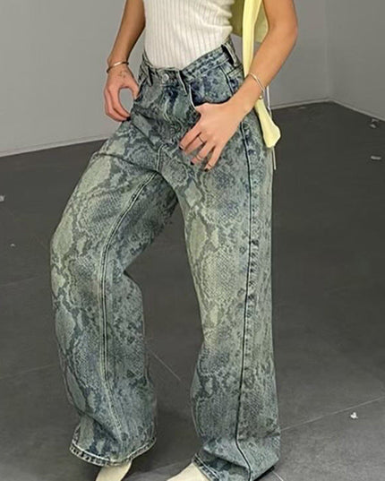 Women's American Style Spliced Snake Pattern Straight Leg Jeans