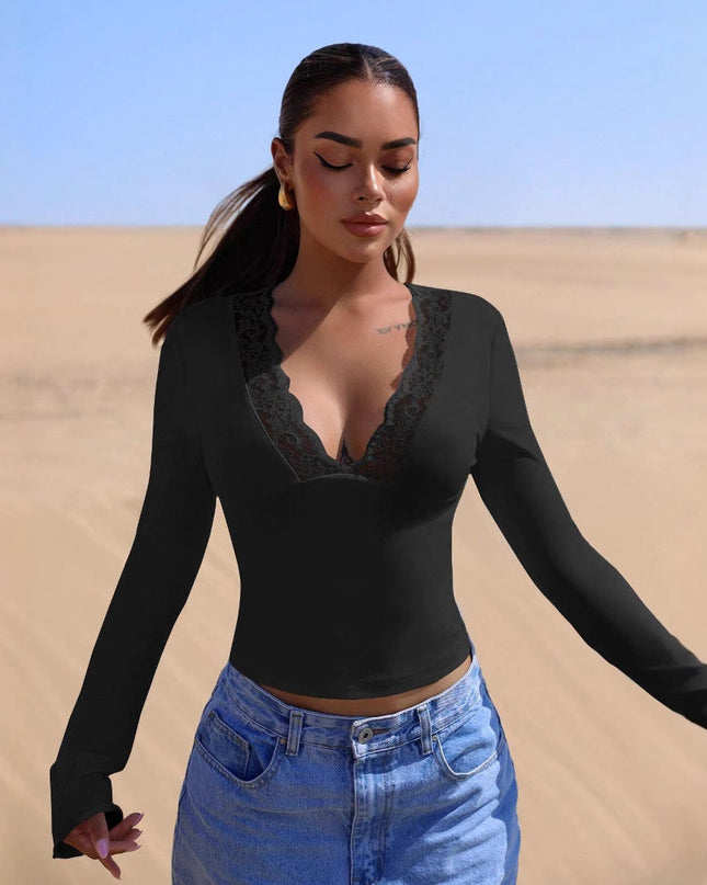 V neck Stitching Lace Sexy Long Sleeve Slim Fit Top
