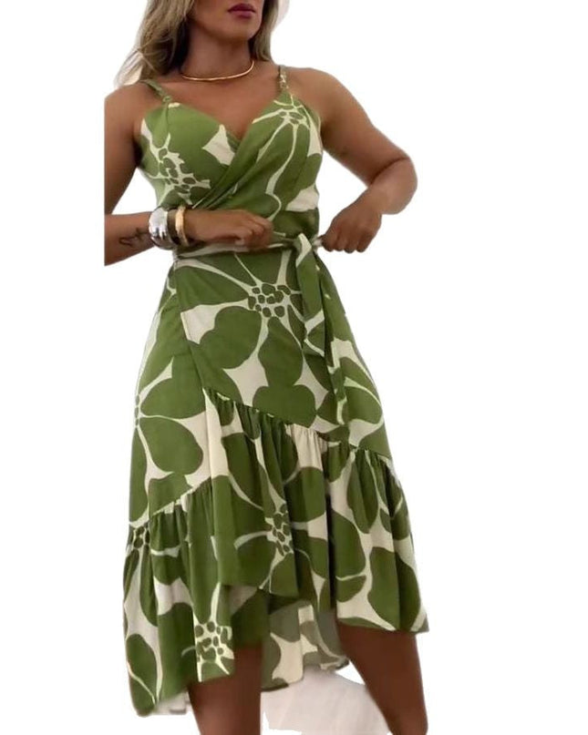 Elegance Women's Cross Collar Belt Floral Print Dress