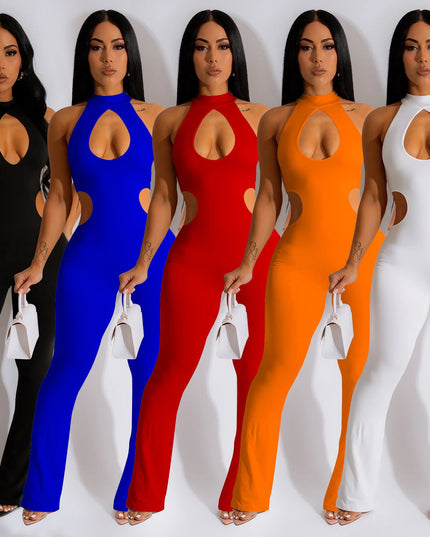 Women's Solid Color Sexy Halter Hollow-out Jumpsuit