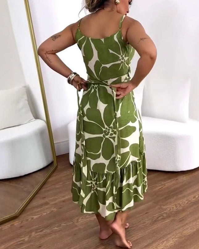 Elegance Women's Cross Collar Belt Floral Print Dress
