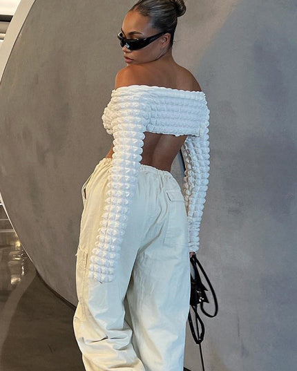 Hollow Out Cutout Bubble Cropped Long Sleeve off-Shoulder Top Sexy T shirt