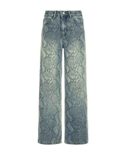 Women's American Style Spliced Snake Pattern Straight Leg Jeans