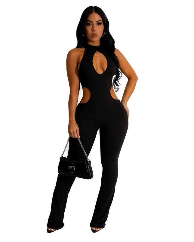 Women's Solid Color Sexy Halter Hollow-out Jumpsuit