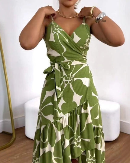 Elegance Women's Cross Collar Belt Floral Print Dress