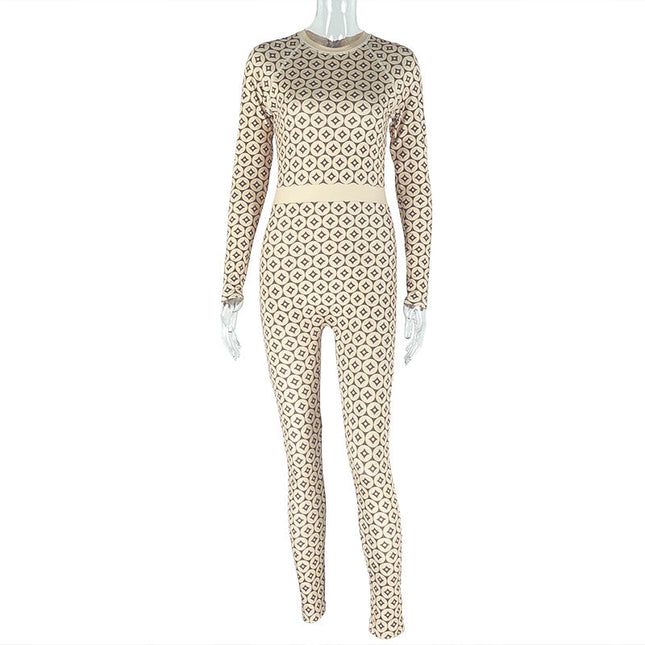 Casual Home Women Slim Fit Elastic Waist Tightening Jumpsuit Print round Neck Long Sleeve Jumpsuit