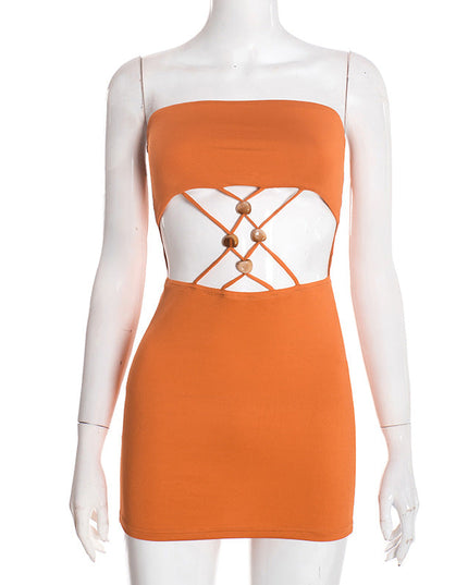Women Clothing Spring Sexy Package Hip Hollow Out Cutout out Strap Tube Top Short Sleeveless Dress