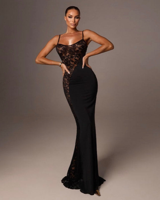 Out Of Your League Black Lace Panel Maxi Dress
