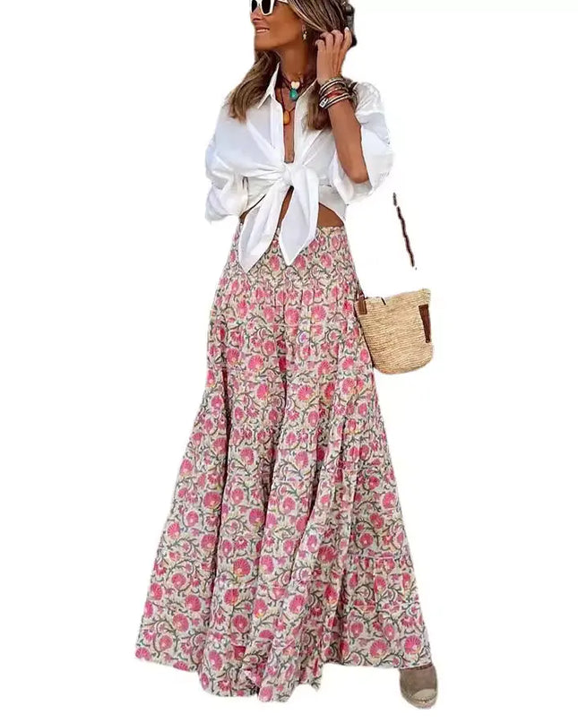 Summer Floral Maxi Skirt with Elastic Waist