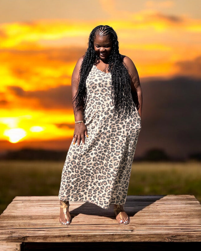 Women's Plus Size Leopard Print Adjustable Strap Maxi Dress