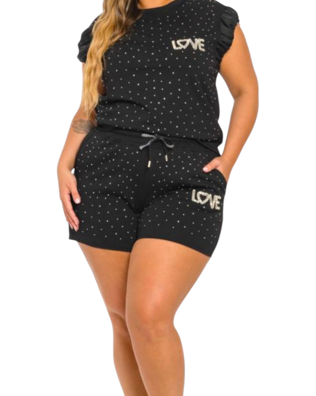 Women's Juniors Plus Black Bling Love Short Set