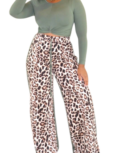Plus Size Long Sleeve Top And Wide Leg Lepard Print Pants Set