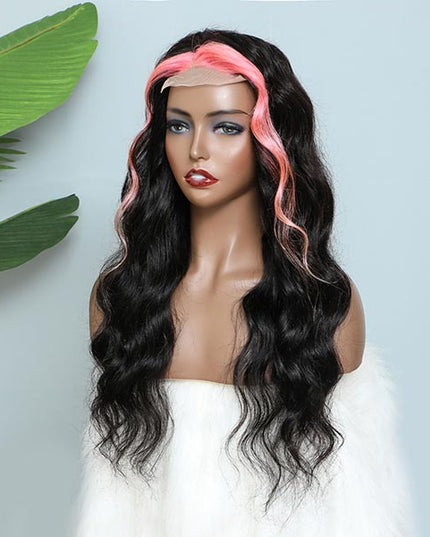 Queenleoraisback Recommendation Pink and Black Color Skunk Stripe Hair Body Wave Human Hair Lace Front Wigs 180 Density junoda