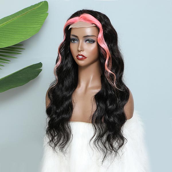 Pink and Black Color Skunk Stripe Hair Body Wave Human Hair Lace Front Wigs Fast Shipping junoda