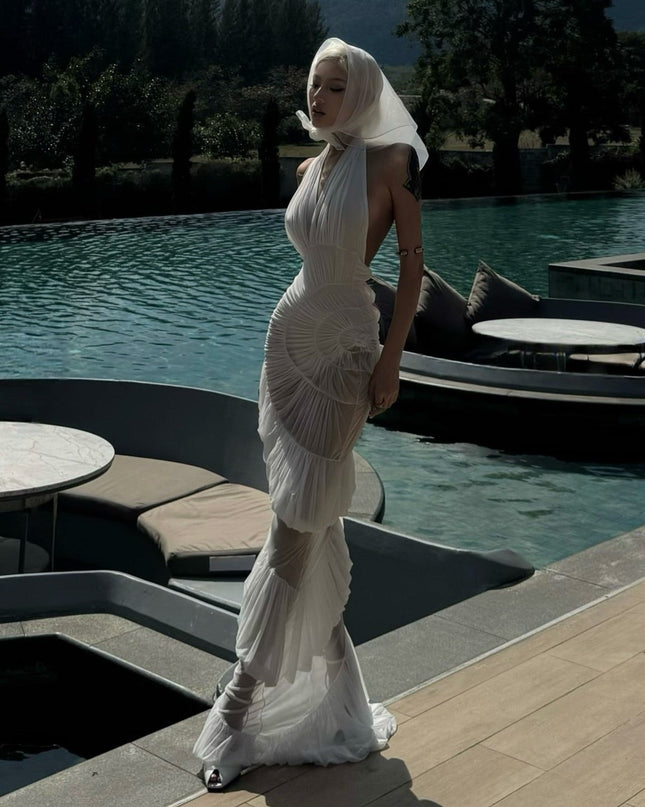Plot Twist White Sheer Halter Maxi Dress With Built-In Bodysuit