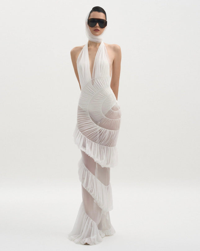 Plot Twist White Sheer Halter Maxi Dress With Built-In Bodysuit