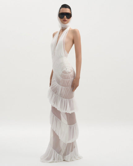 Plot Twist White Sheer Halter Maxi Dress With Built-In Bodysuit