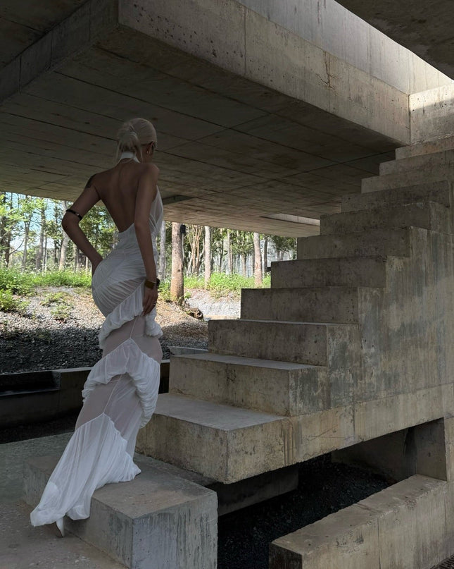 Plot Twist White Sheer Halter Maxi Dress With Built-In Bodysuit