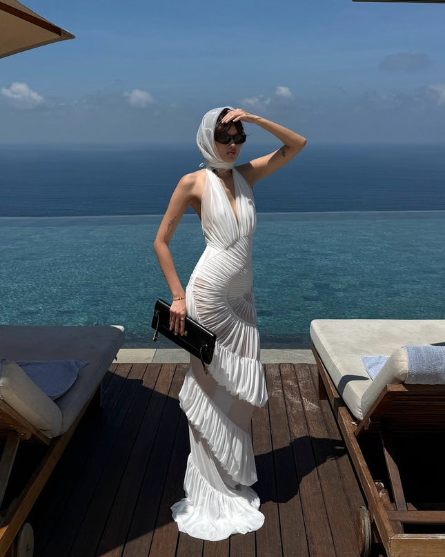 Plot Twist White Sheer Halter Maxi Dress With Built-In Bodysuit