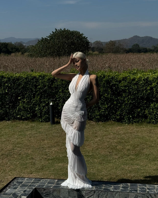Plot Twist White Sheer Halter Maxi Dress With Built-In Bodysuit