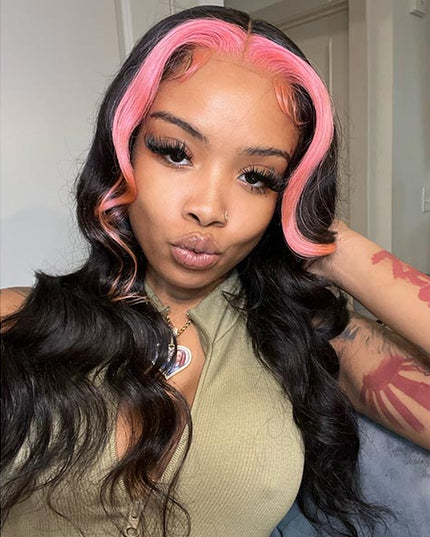 Pink and Black Color Skunk Stripe Hair Body Wave Human Hair Lace Front Wigs Fast Shipping junoda