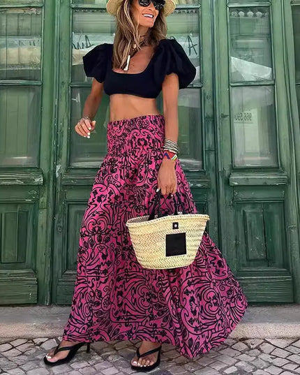 Summer Floral Maxi Skirt with Elastic Waist