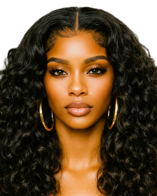 Black 24' Bomb Funmi Curly 6 Inch Deep Part Hairline Thick Layered Bouncy Glueless Pre-Cut Lace Wig