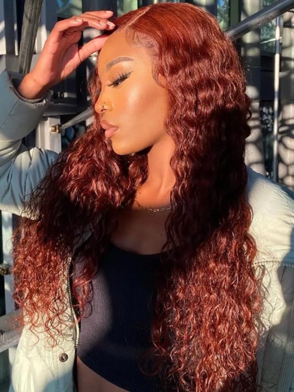 Junoda Auburn Water Wave HD Lace Front Wig Reddish Brown Colored Human Hair Wigs junoda