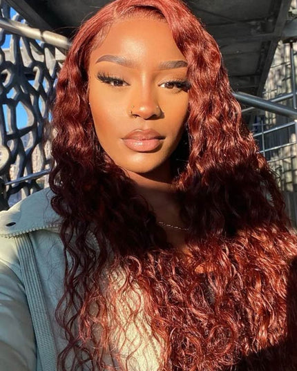 Junoda Auburn Water Wave HD Lace Front Wig Reddish Brown Colored Human Hair Wigs junoda
