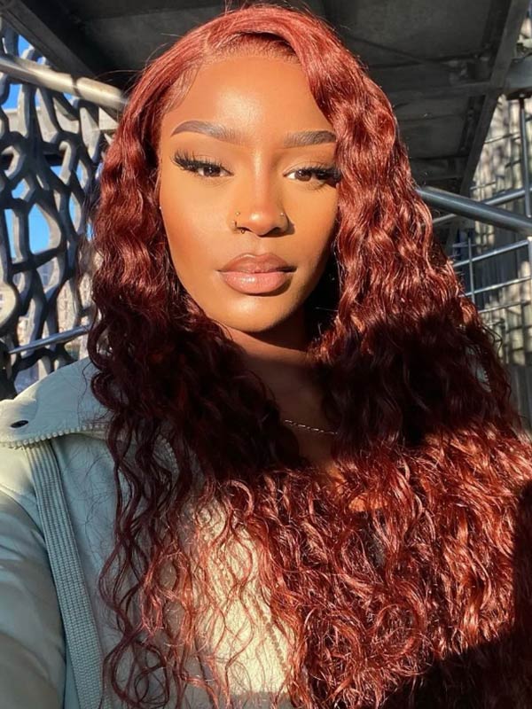 Junoda Auburn Water Wave HD Lace Front Wig Reddish Brown Colored Human Hair Wigs junoda
