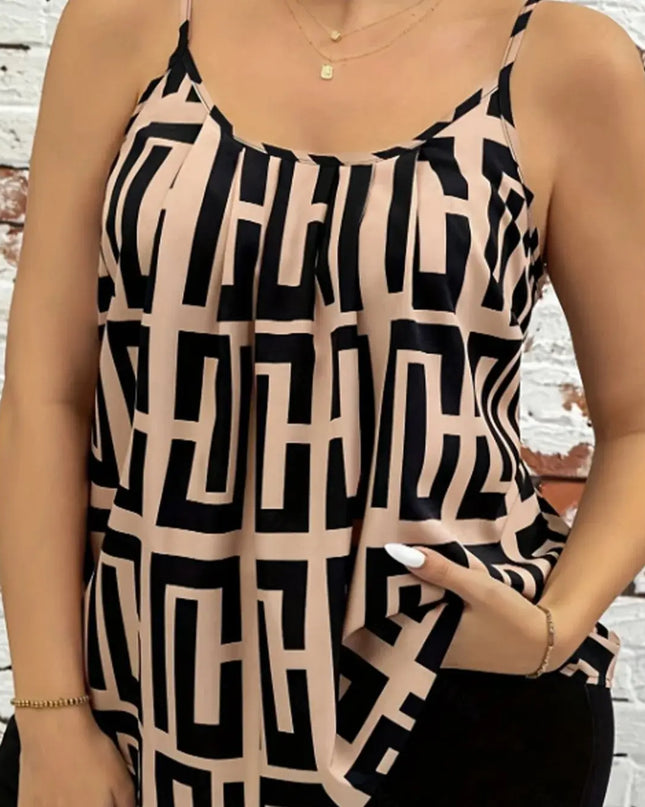 Plus Size Elegant Contrast Printed Suspender Tops